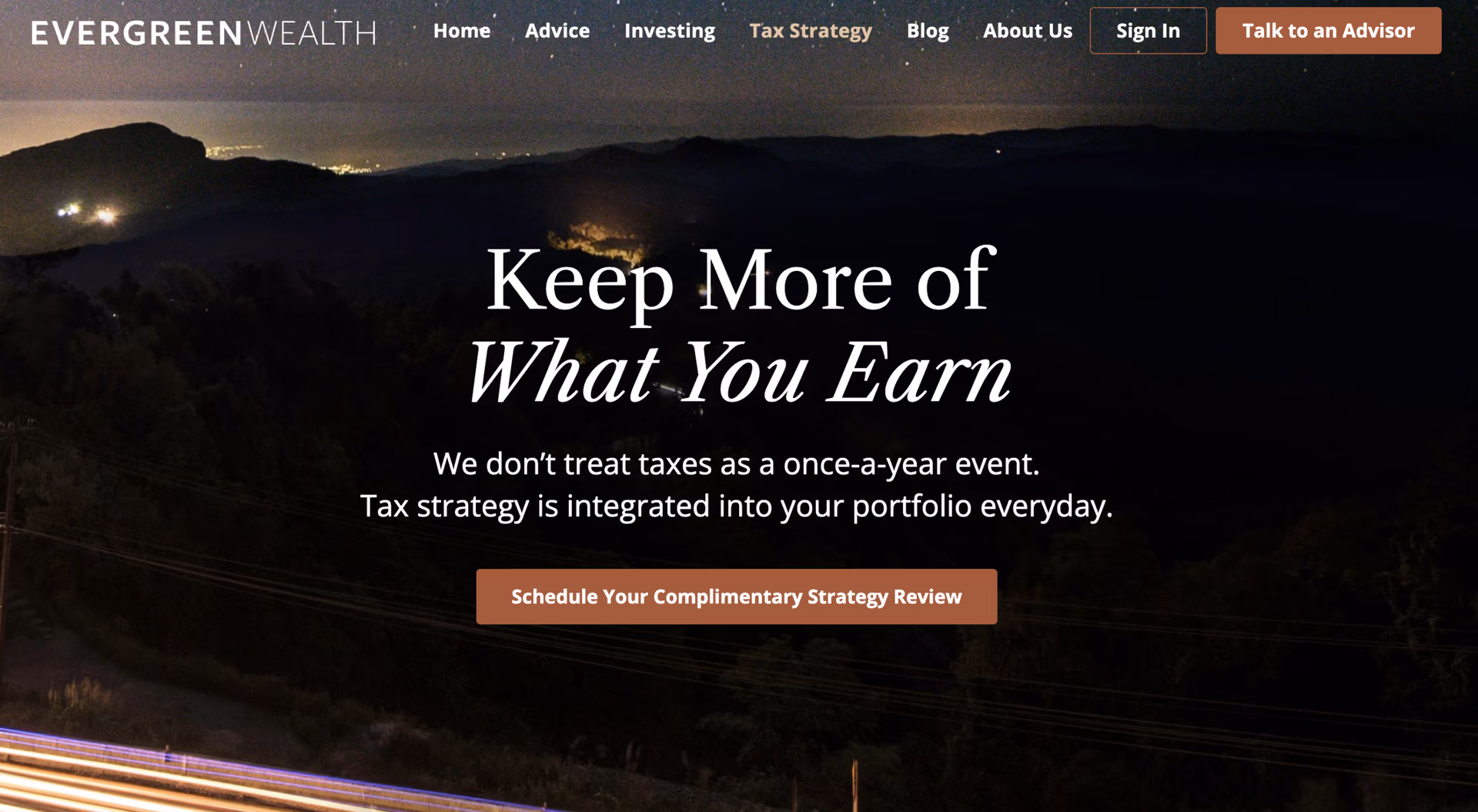 Evergreen Wealth financial advisor landing page leading with a specific value proposition instead of a job title
