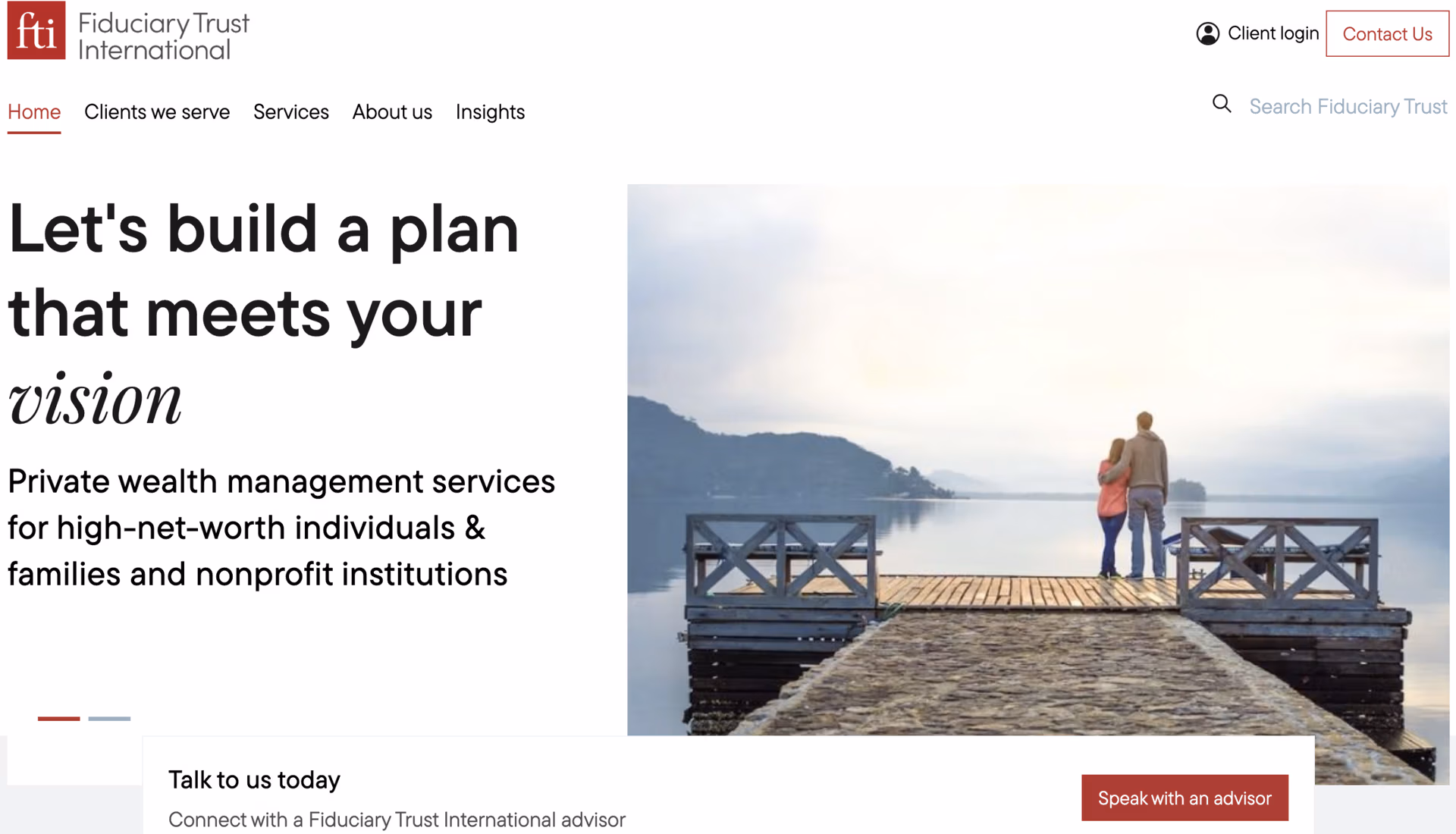 Northern Trust homepage with a clear value proposition headline placed front and center for financial advisory prospects