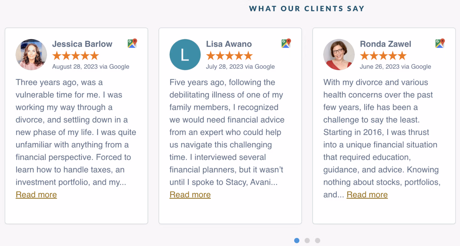 Francis Financial client testimonials with real names and situations — social proof that builds trust on a landing page