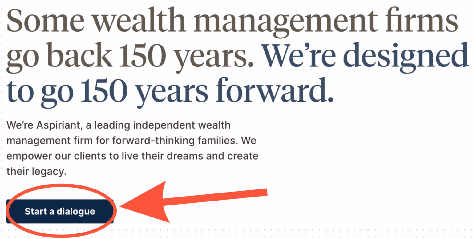 Aspiriant call-to-action example showing a clear, conversation-starting button on a financial advisor landing page