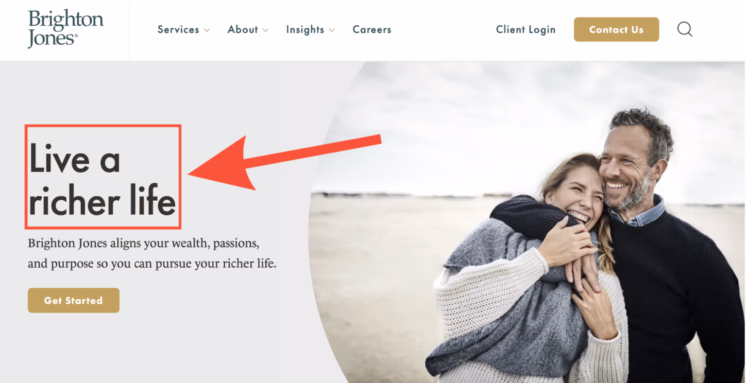 Brighton Jones landing page with an inspiring value proposition as the most visible element and a hero image supporting the promise