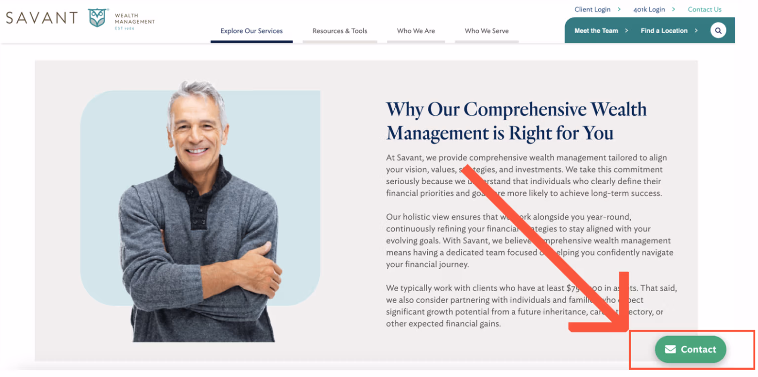 Savant Wealth Management landing page with a clean layout designed to lead visitors toward one conversion goal