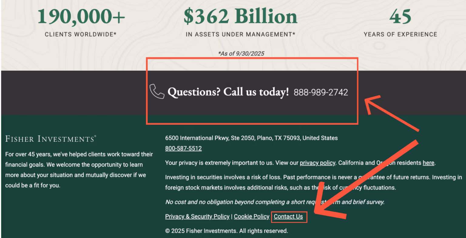 Fisher Investments landing page offering phone and email contact channels next to the form without distracting from it
