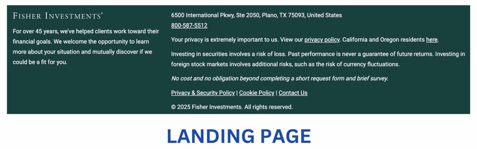 Fisher Investments landing page footer stripped of distracting links to keep visitors on the conversion path