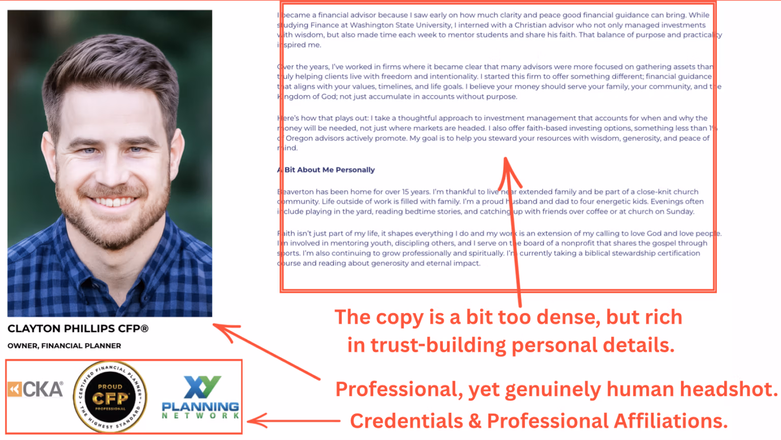 Financial advisor landing page storytelling section explaining why the advisor does this work, building trust with prospects