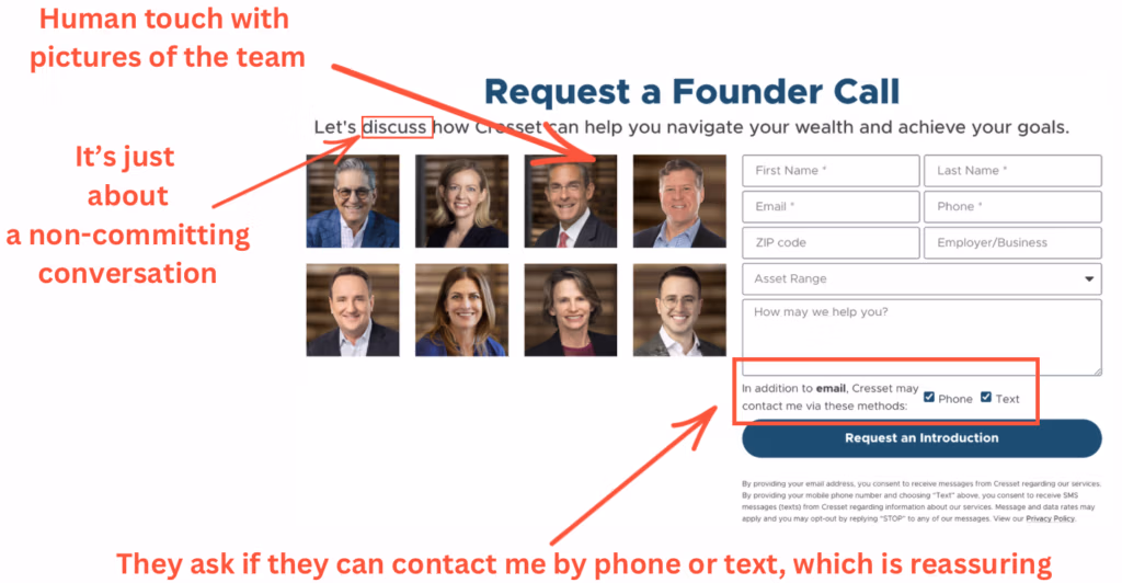 Cresset Capital landing page contact form framed as starting a conversation, with team photos and data privacy reassurance
