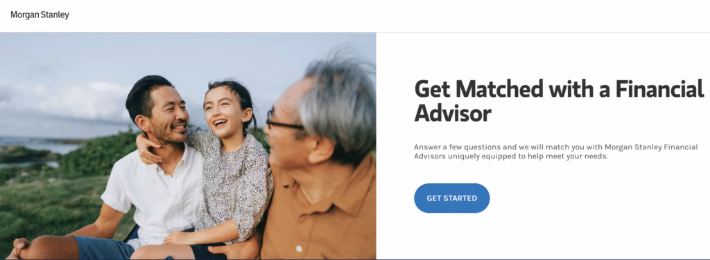 Morgan Stanley financial advisor landing page hero with a family scene on the left and space for the headline and call-to-action on the right