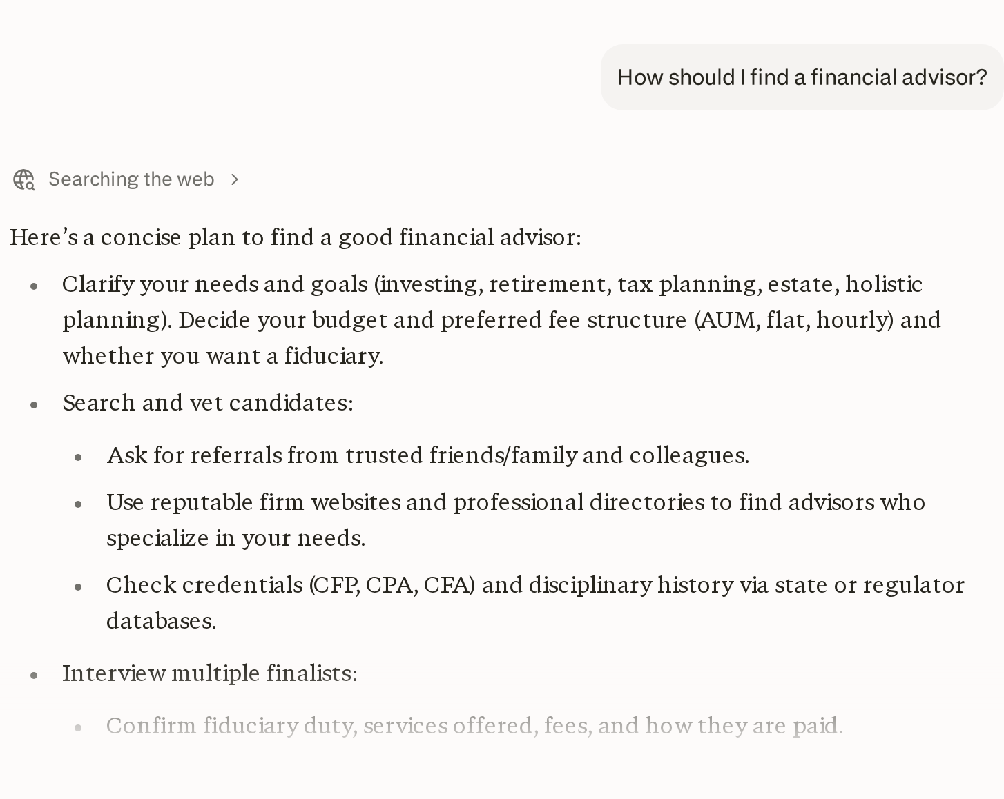 Perplexity AI answering the question how should I find a financial advisor with a step by step plan of referrals, directories, credential checks and interviews, with no ads anywhere in the answer