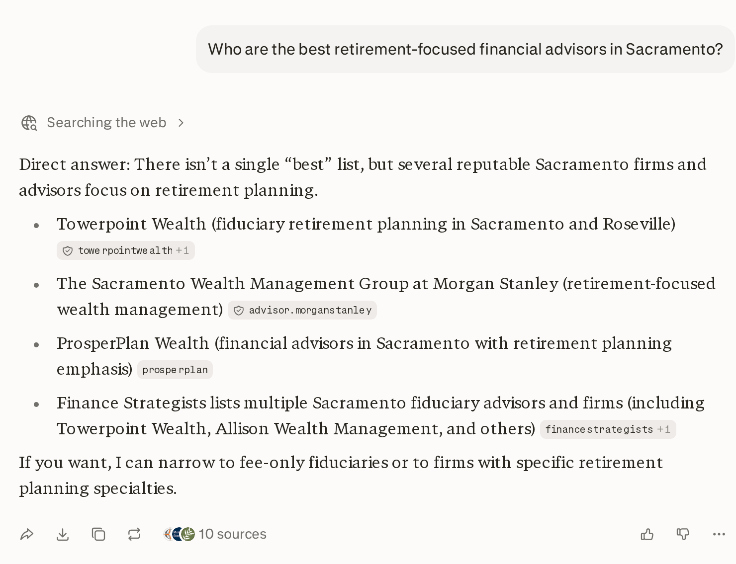 Perplexity AI answer naming Sacramento retirement advisors with independent local firm Towerpoint Wealth listed first above a Morgan Stanley group, each firm backed by citation chips from firm websites and directories