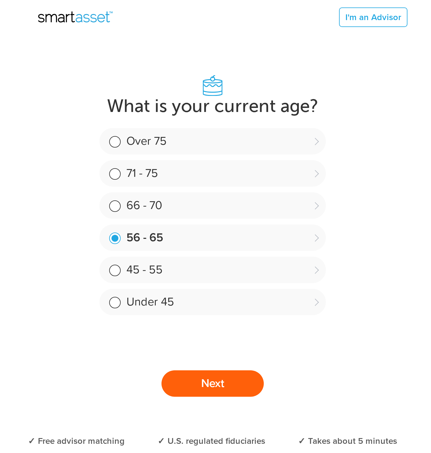 SmartAsset advisor matching quiz asking for current age with the 56 to 65 bracket pre-selected — the first of about five minutes of questions a bought lead answers in a process that ends with up to three competing advisors getting the phone number