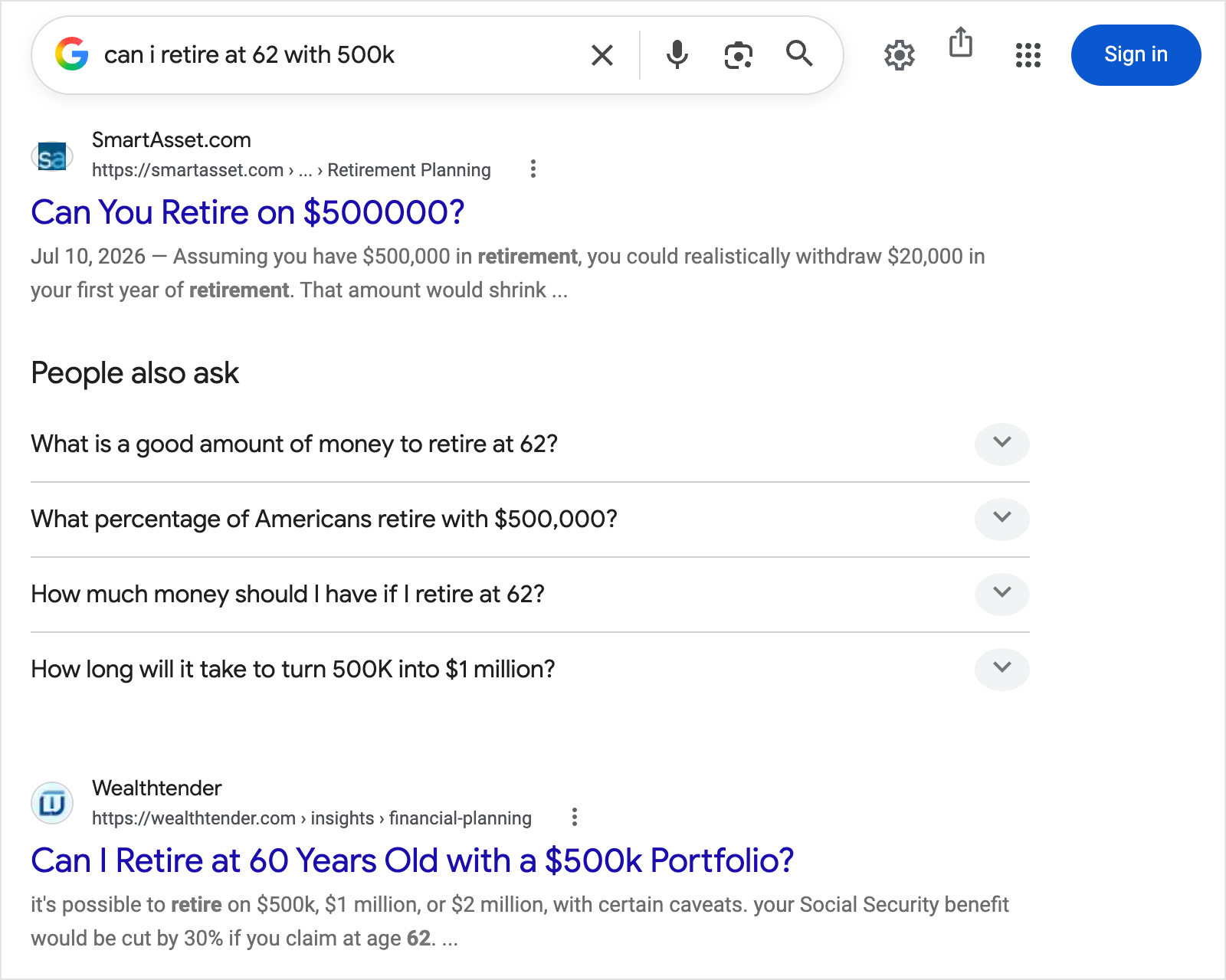 Google search results for can I retire at 62 with 500k in September 2026: a SmartAsset article ranks first, then People also ask questions such as what is a good amount of money to retire at 62, then a Wealthtender article, showing that a lead-selling site and article sites, not advisors, hold this early anonymous research