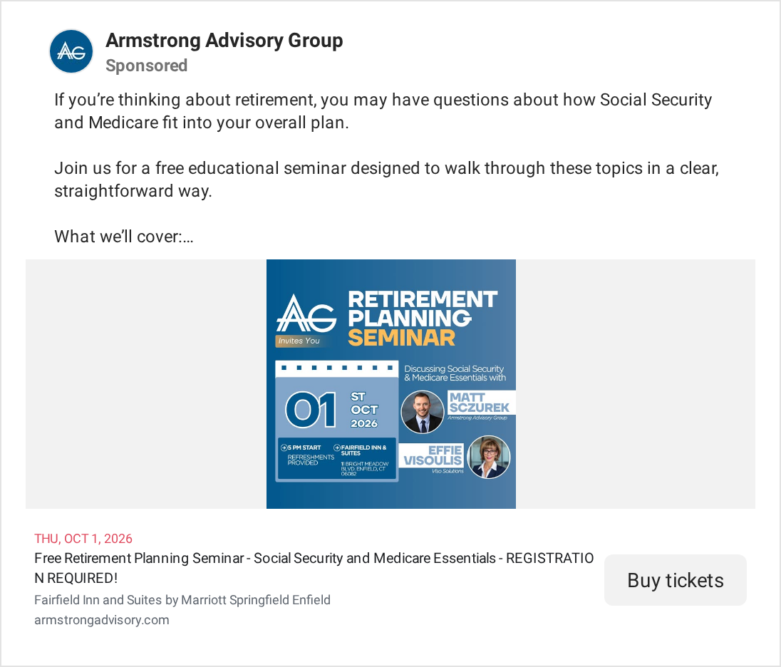 Facebook ad from Armstrong Advisory Group, September 2026, inviting people to a free retirement planning seminar on Social Security and Medicare essentials at a hotel on 1 October 2026, registration required, an example of an advisor using Medicare at 65 as the reason to attend