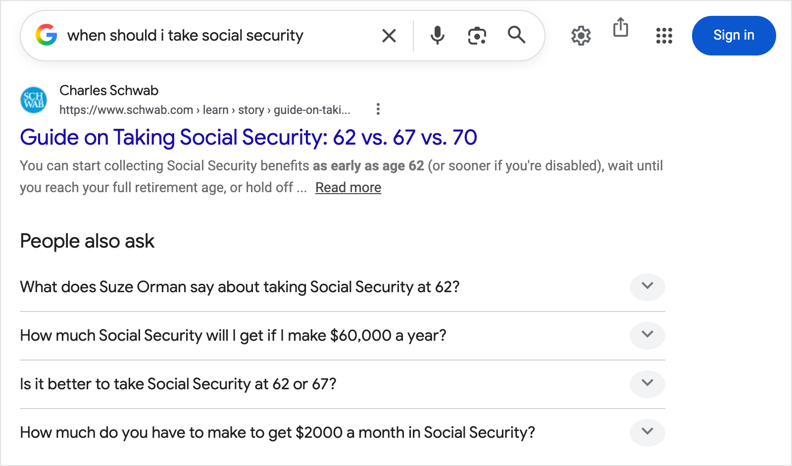 Google search results for when should I take social security, September 2026: a Charles Schwab guide comparing 62, 67 and 70 ranks first, followed by People also ask questions such as is it better to take Social Security at 62 or 67, the claiming-age question people search all year round