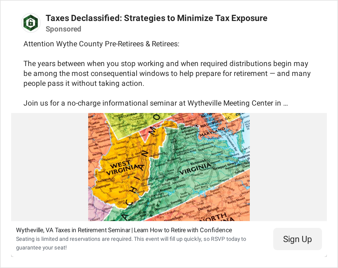 Facebook ad from Taxes Declassified, September 2026, for a free seminar in Wytheville, Virginia, whose copy names the years between stopping work and required minimum distributions as the most consequential tax window in retirement, the ad teaching the window before asking for attendance