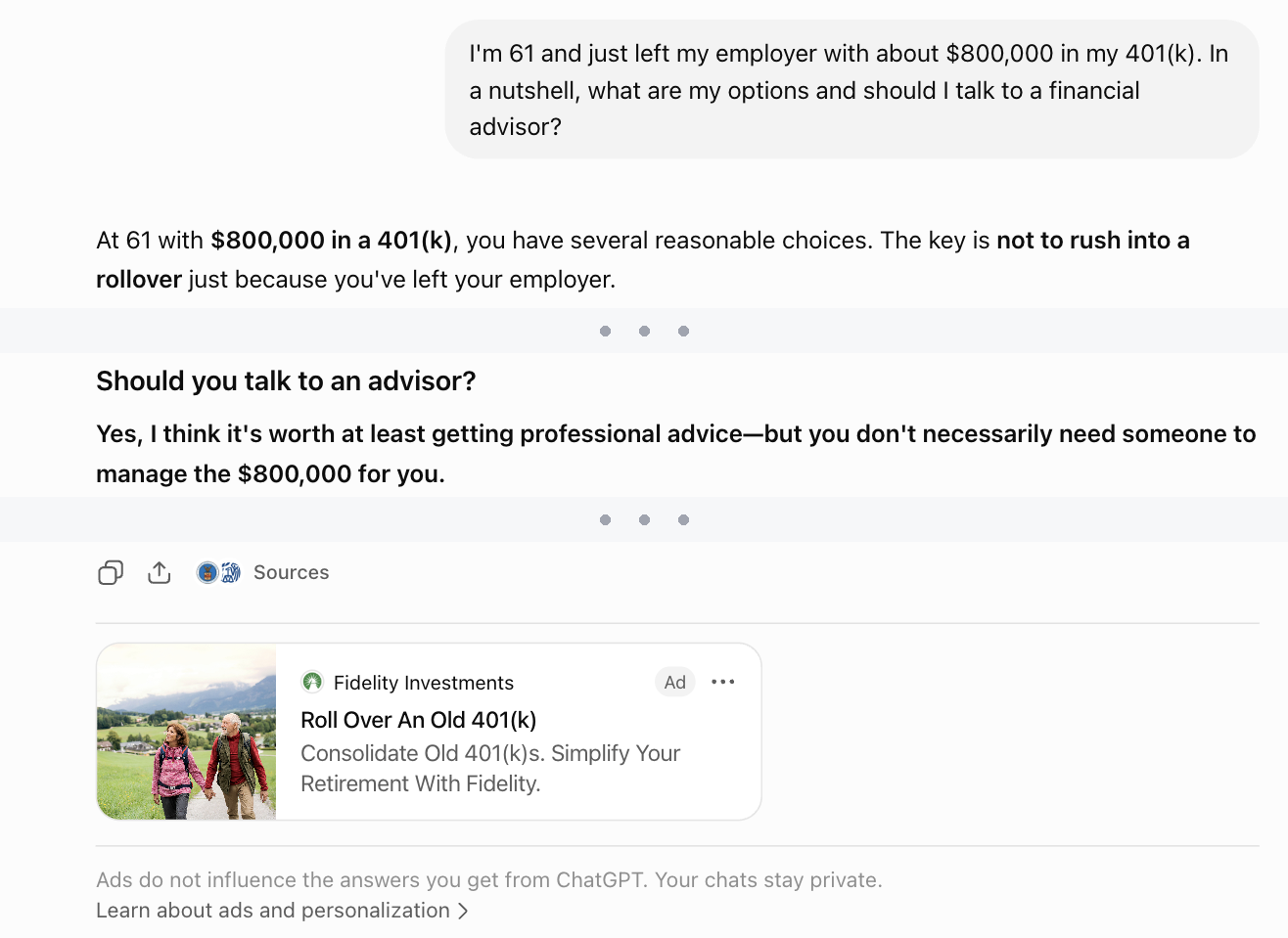 ChatGPT answering a 61-year-old with 800,000 dollars in a 401(k) asking about a rollover and whether to hire a financial advisor, with a paid Fidelity Investments ad labeled Ad under the answer saying roll over an old 401(k)