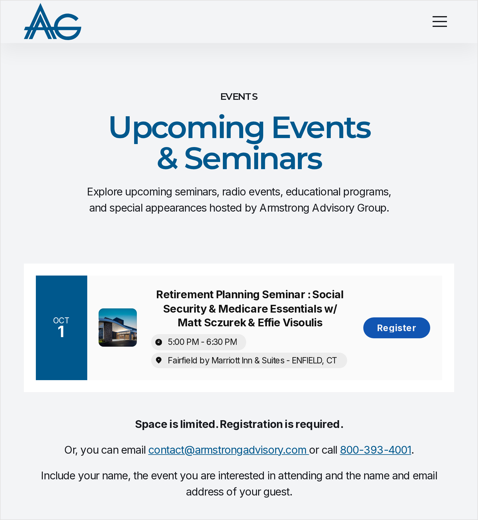 Armstrong Advisory Group's events page, September 2026, the registration page behind its Facebook ad: one Social Security and Medicare seminar on 1 October 2026 at a hotel in Enfield, Connecticut, a Register button, and the line Space is limited, registration is required, an example of a registration page where the seat is the offer