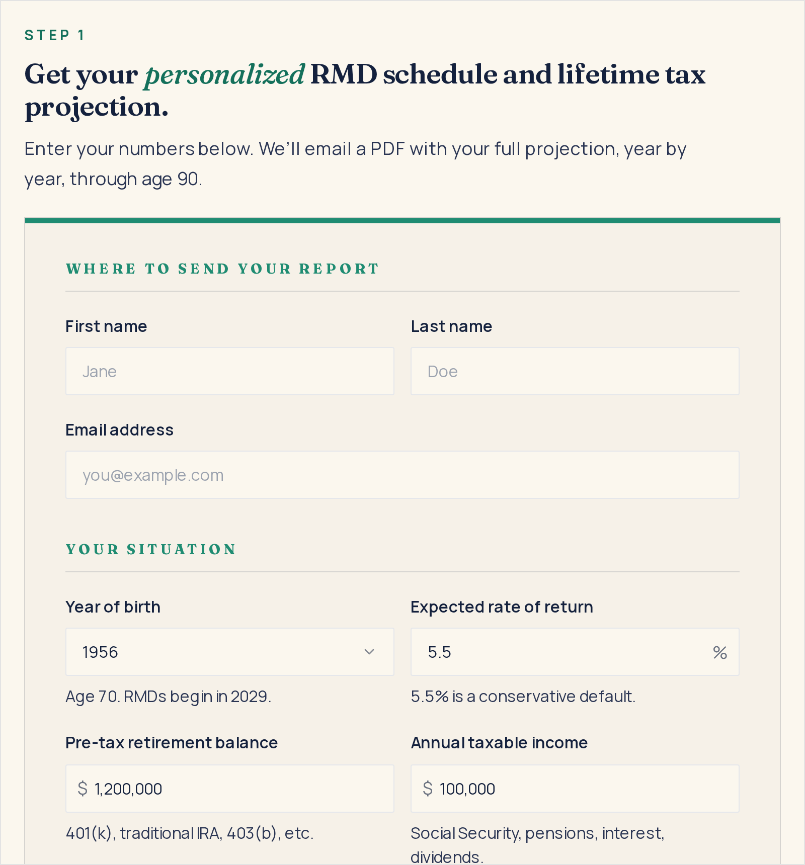 Q3 Advisors' RMD calculator page, September 2026: a form asking for first name, last name and email address, then year of birth, expected return, pre-tax retirement balance and annual taxable income, promising a personalized RMD schedule and lifetime tax projection emailed as a PDF, an example of a page that answers the RMD question with the visitor's own figure in exchange for an email address