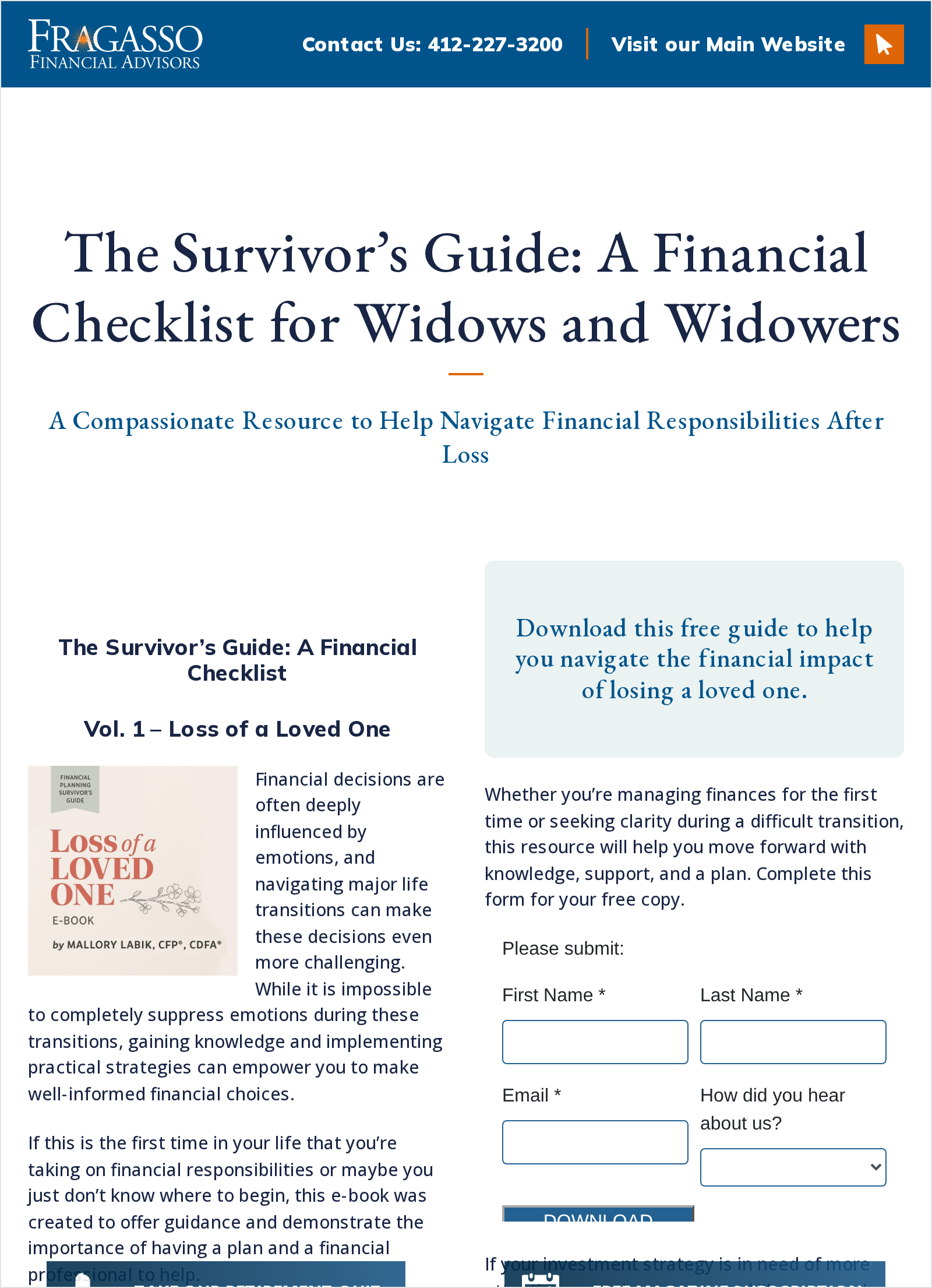 Fragasso Financial Advisors' Survivor's Guide page, September 2026: a financial checklist for widows and widowers offered as a free e-book in exchange for a name and email address, with a short form and a download button, an example of the plain guide a surviving spouse is offered in the first weeks