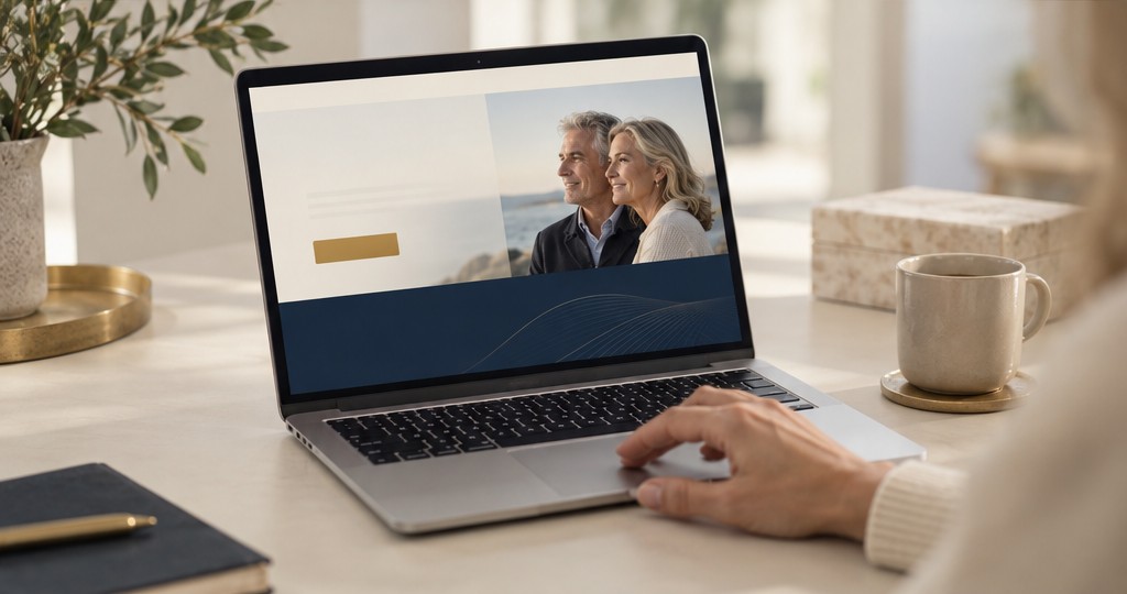 A retirement advisor landing page open on a laptop, the page a pre-retiree reaches after clicking an ad and the thing that decides whether they book.