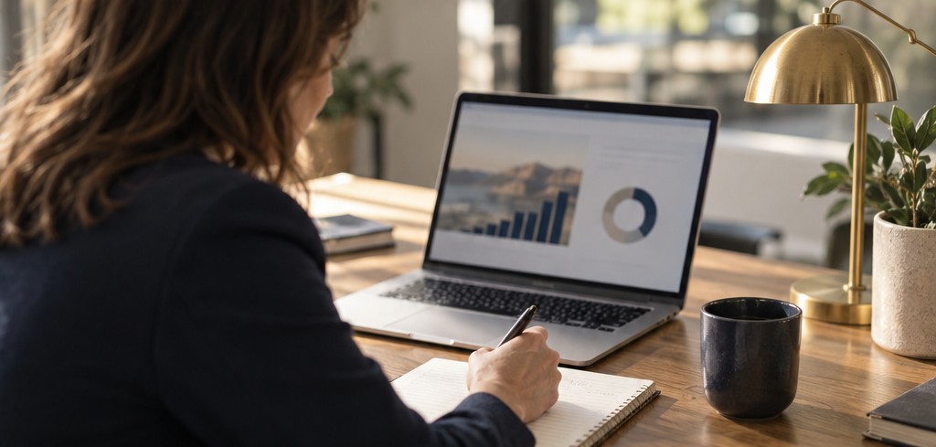 An advisor reviewing campaign performance charts on a laptop, the weekly check that shows which lead sources are turning into signed clients.