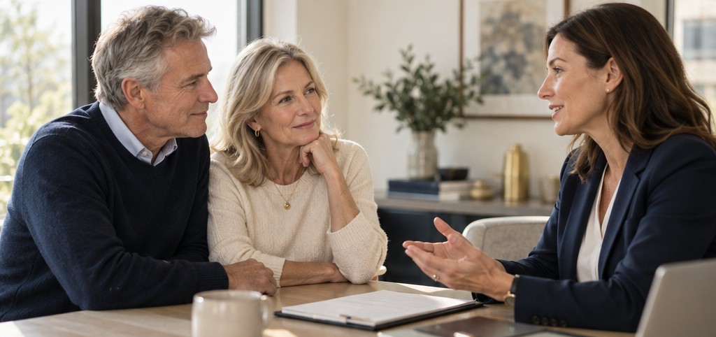 A financial advisor in conversation with a pre-retiree couple across a table, the kind of first meeting a retirement-focused practice is built to fill.